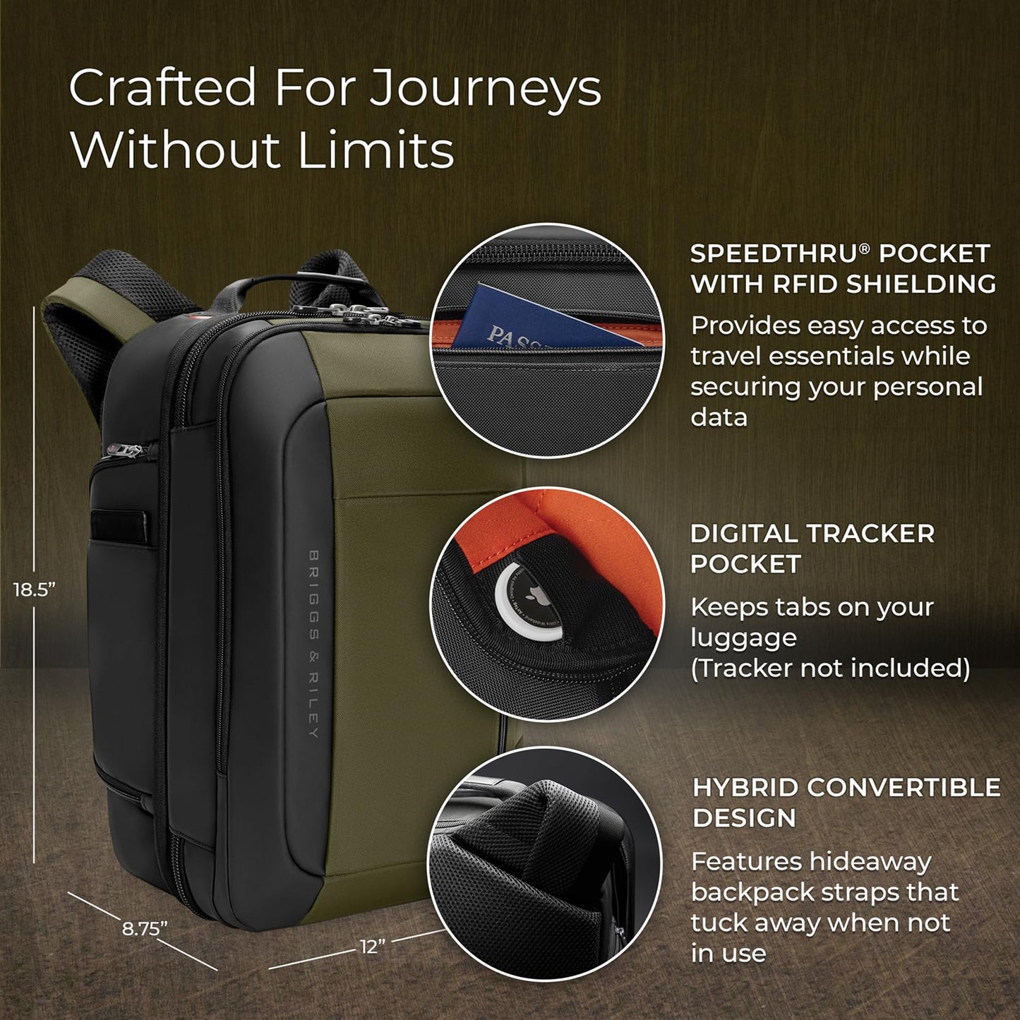 Briggs & Riley Medium Convertible Backpack Duffle Bag - Carry On for Men & Women, Use for Travel, Gym, or Work, Overnight Weekend Luggage, Shoulder Strap, Laptop Compartment - ZDX Collection, Hunter