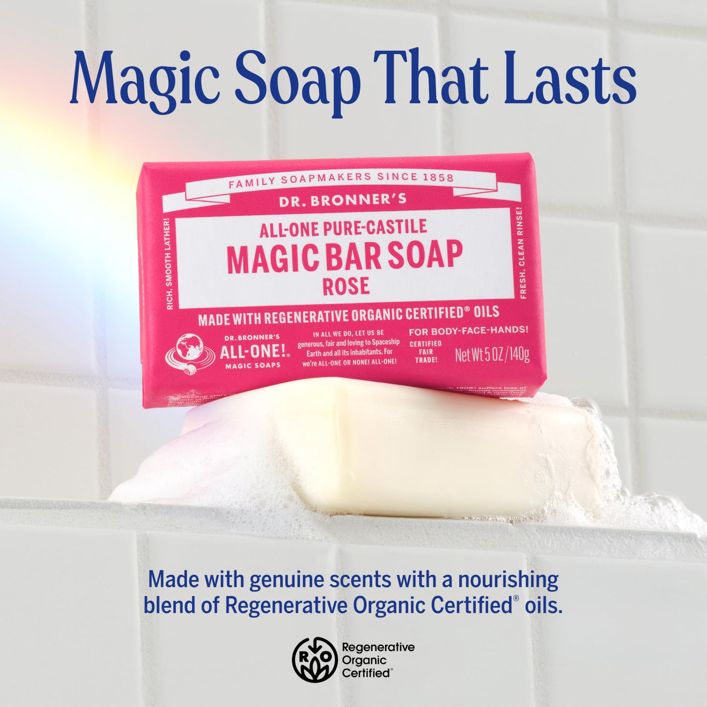 Dr. Bronner's Pure-Castile Magic Soap Bars (Rose, 5 oz, 6-Pack)- Made with Regenerative Organic Certified Oils- For Face, Body & Hair - Gentle, Vegan
