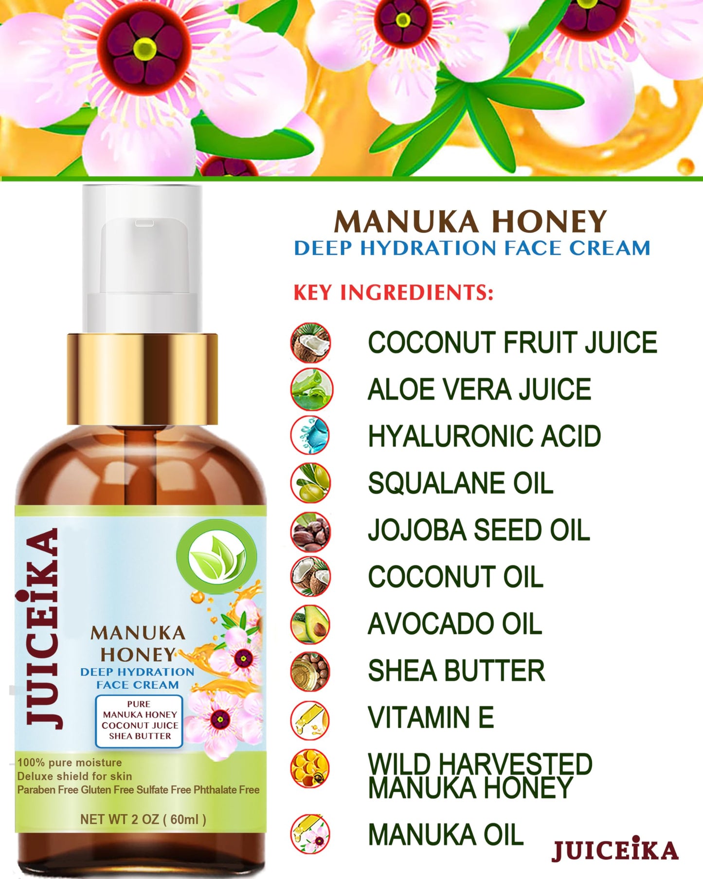 Juiceika MANUKA HONEY Deep Hydration Face Cream Face Moisturizer. Manuka Oil, Aloe Vera, Shea Butter, Coconut Oil, Jojoba Oil, Squalane, Hyaluronic