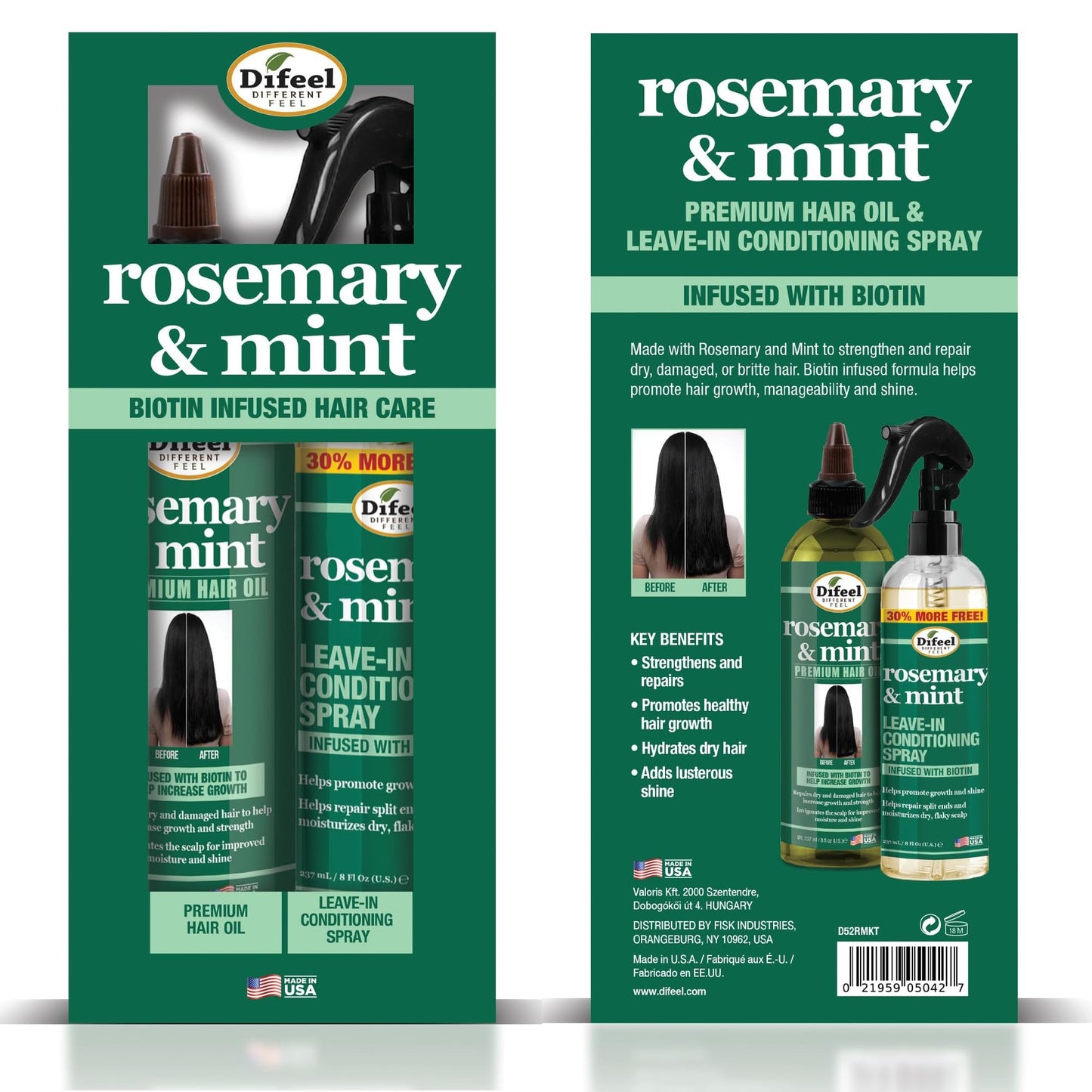 Difeel Rosemary & Mint Hair Care Set - 8oz Hair Oil and 8oz Leave-in Conditioning Spray in a Gift Box