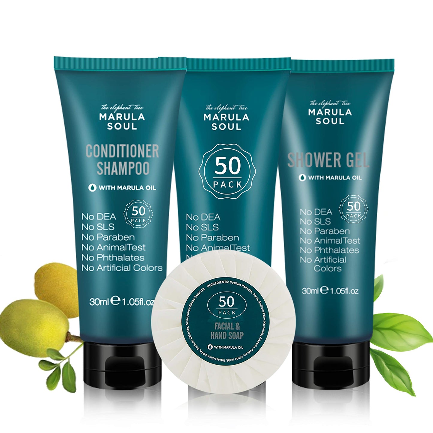 OPPEAL Travel Size Toiletries 3-Piece Set | 1oz Conditioning Shampoo, Body Wash, Facial Soap | Ambergris Scent | 150 Pcs Total | Ample Bulk for Guests