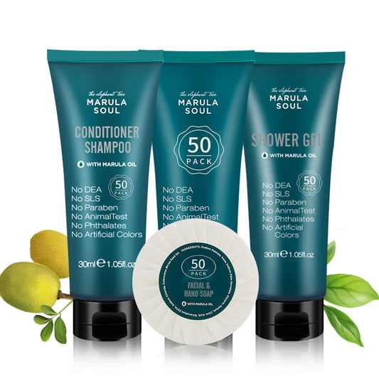 OPPEAL Travel Size Toiletries 3-Piece Set | 1oz Conditioning Shampoo, Body Wash, Facial Soap | Ambergris Scent | 150 Pcs Total | Ample Bulk for Guests
