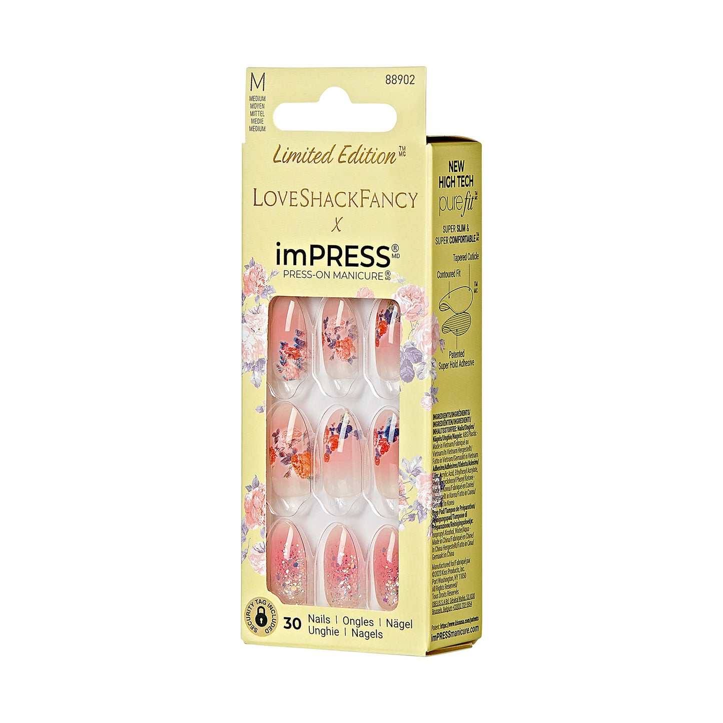 KISS LoveShackFancy x imPRESS Press-On Manicure Limited Edition, Style "Citrus Candy" Medium Almond Pink Press-On Nails, Includes Prep Pad, Mini Nail