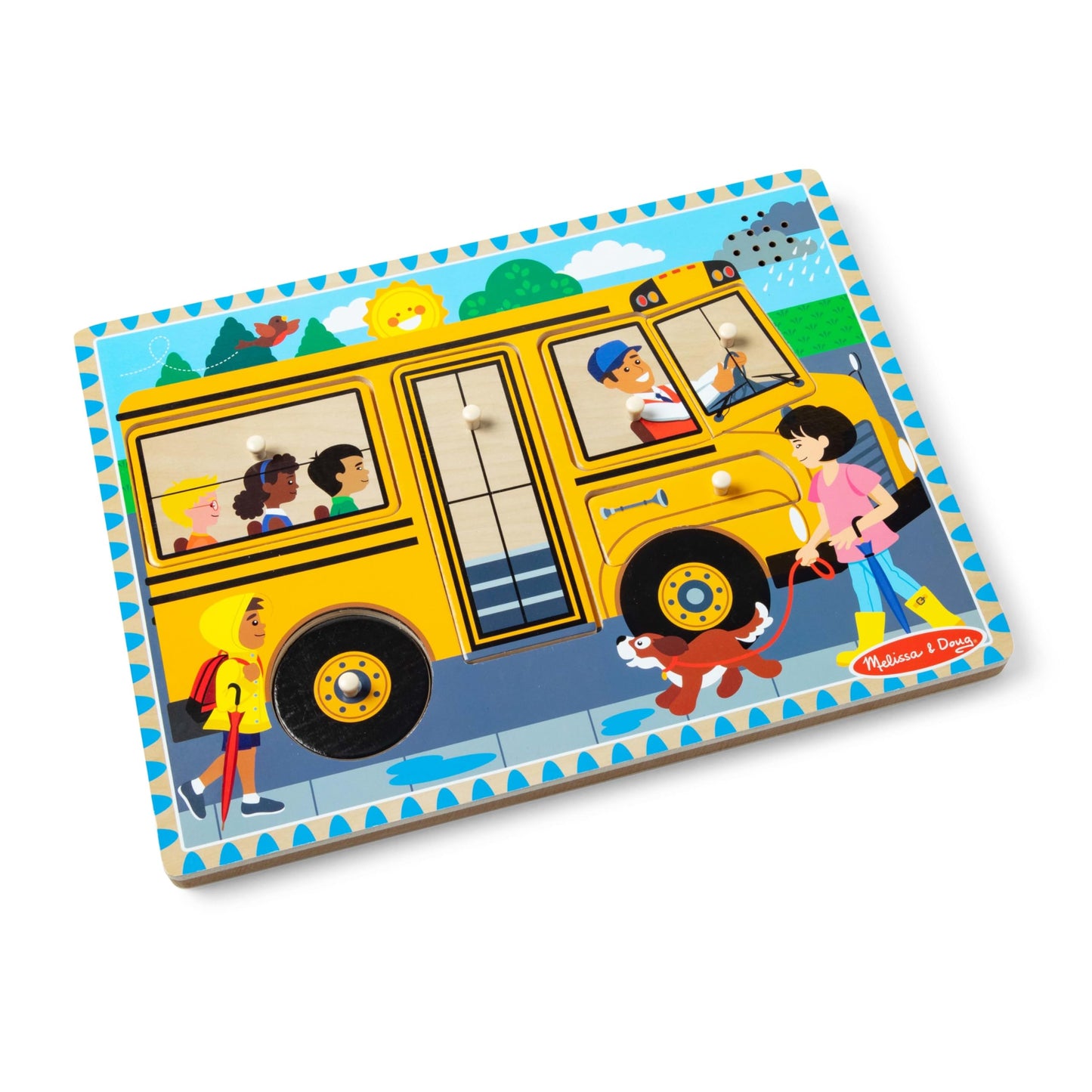 Melissa & Doug Wheels on the Bus Puzzle – 8-Piece Wooden Peg Puzzle with Light-Activated Sounds, Musical Learning Toy for Toddlers 2+