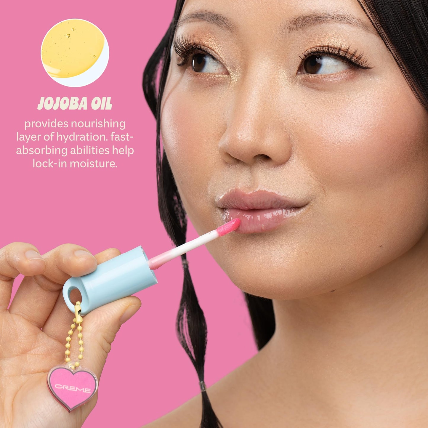 The Crème ShopTinted Lip Oil with Key Chain and Charm, Gloss Finish, Long Wear, Formulated with Jojoba Oil, Sunflower Oil to Hydrate and Plump Lips