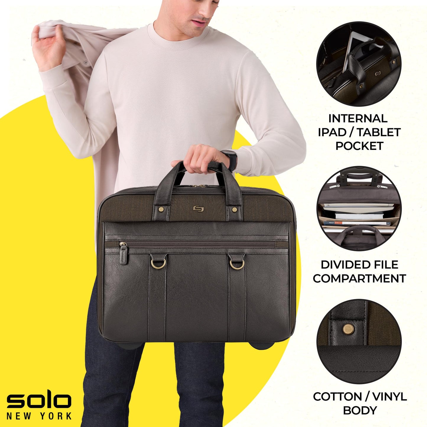 Solo New York Macdougal Rolling Laptop Bag. Rolling Briefcase for Women and Men. Fits Up to 17.3 Inch Laptop - Espresso, Olive Green, 14" x 17.8" x
