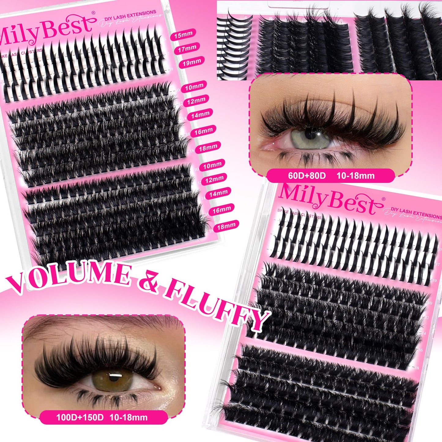 MilyBest 1238Pcs Lashes Clusters Kit with Spikes+Bottom, 6 Styles 50D/60D/80D/100D/150D Fox Eye Cluster Eyelash Extensions with Bond&Seal 10-18mm Beauty and Personal Care MilyBest