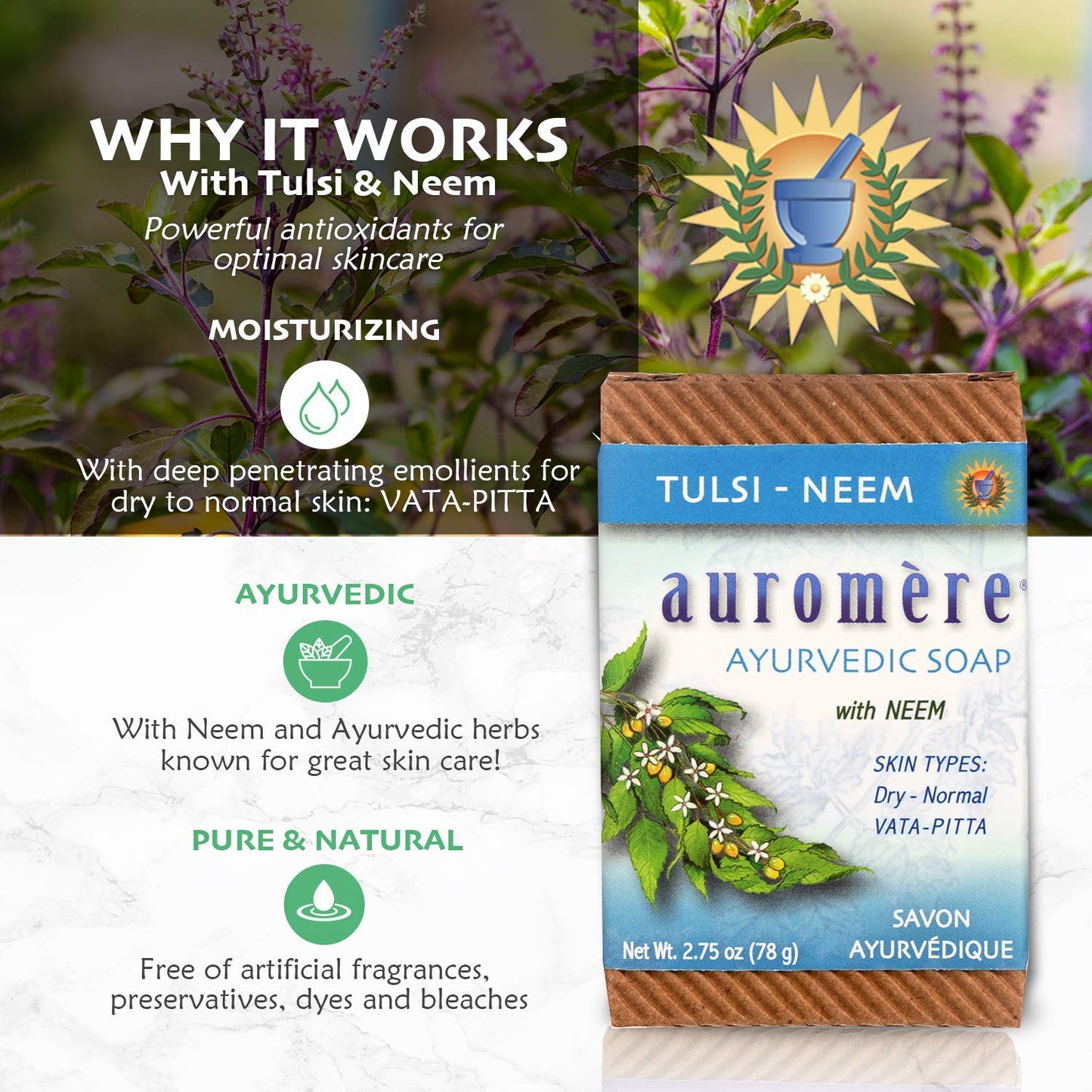 Auromere Ayurvedic Bar Soap, Tulsi Neem - Eco Friendly, Handmade, Vegan, Cruelty Free, Natural, Non GMO (2.75 oz), 5 pack Beauty & Personal Care Auromere