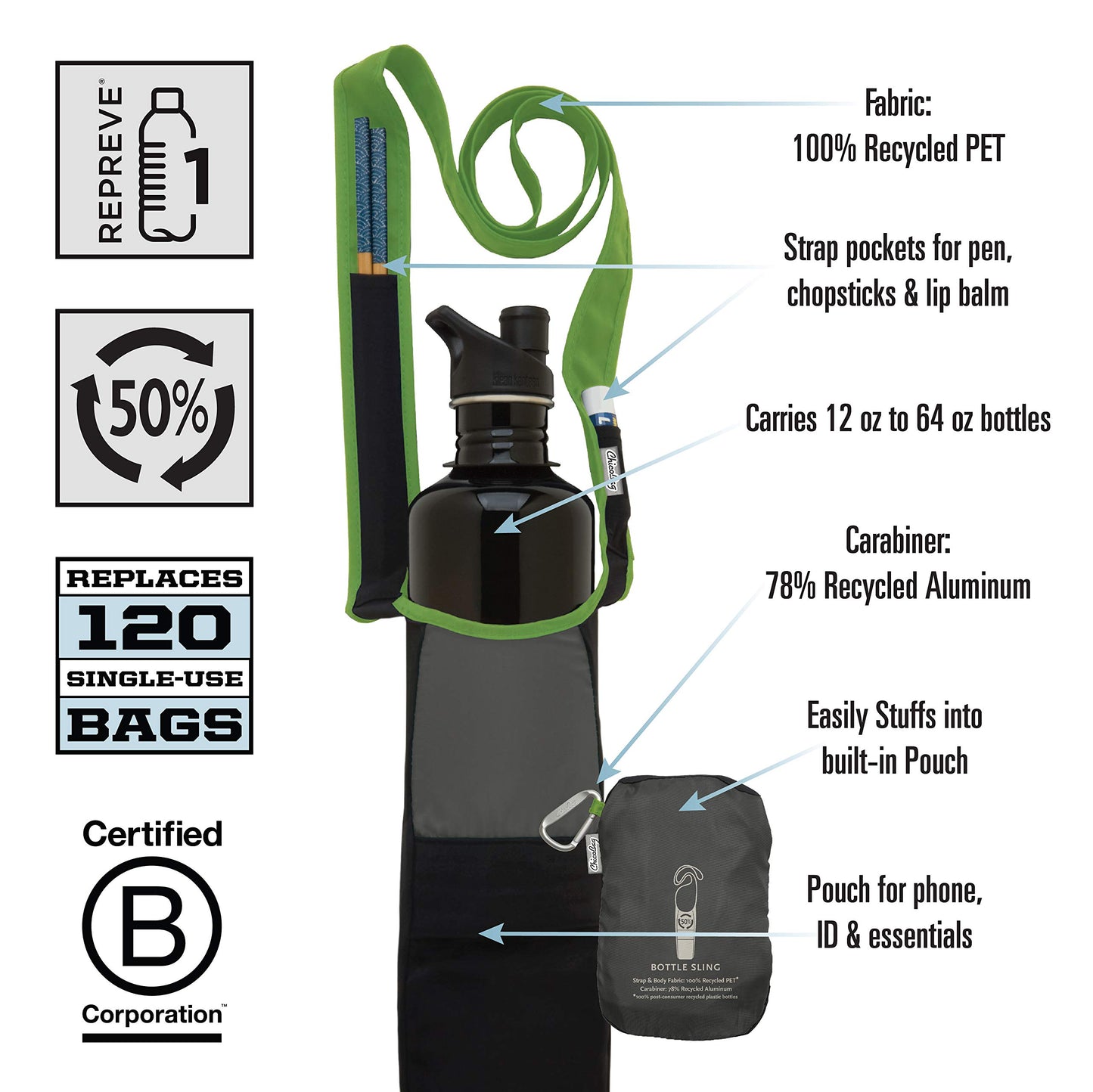 ChicoBag rePETe Water Bottle Sling w/Strap, Carabiner Clip, Built-In Pouch, & Convenient Pockets | Eco-Conscious | Perfect for Walks, Hikes, Outdoor