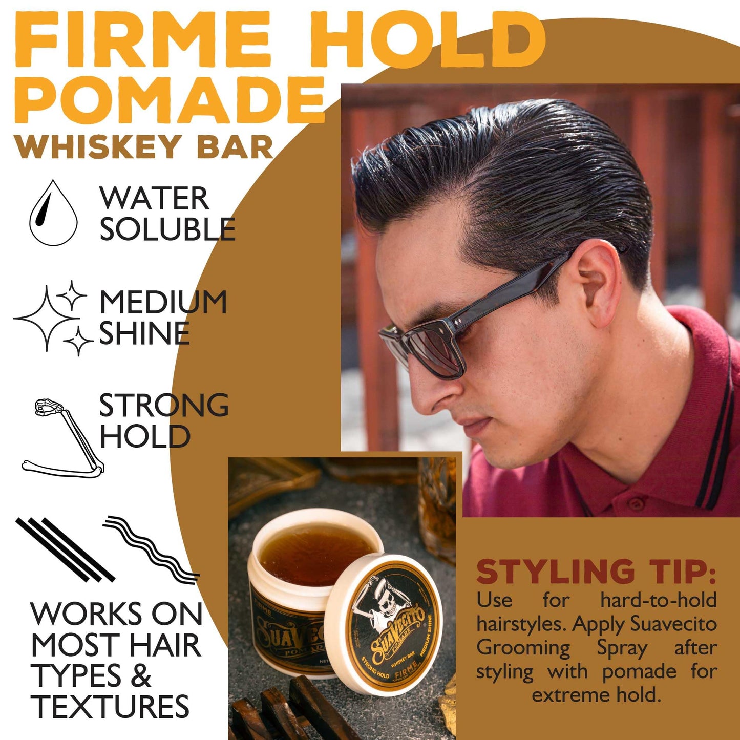 Suavecito Pomade Firme (Strong) Hold Whiskey Bar Scent 4 oz - Pomade For Men - Medium Shine Water Based Wax Like Flake Free Hair Gel - Easy To Wash Beauty and Personal Care Suavecito