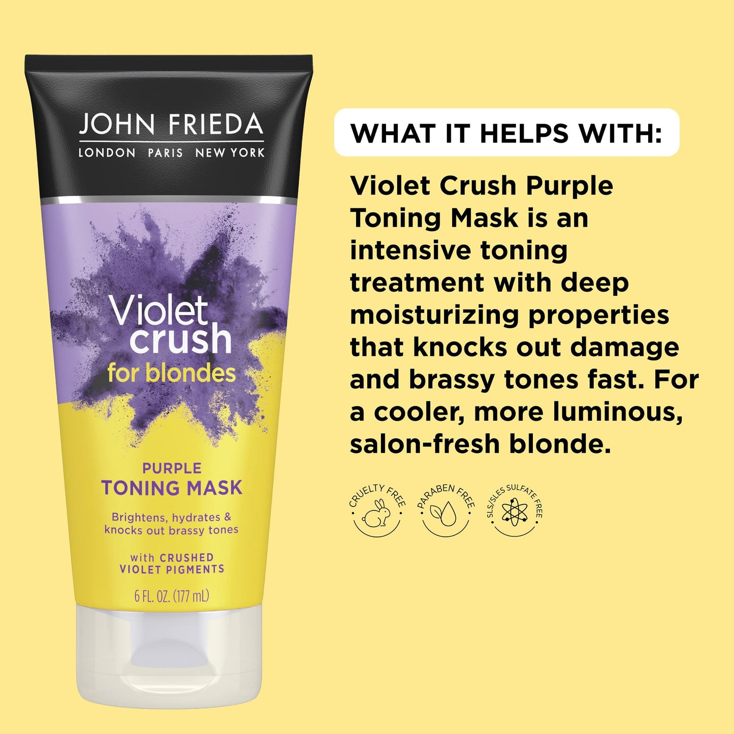 John Frieda Violet Crush Purple Toning Mask, Removes Brassy Tones, Smooths Damaged Hair Cuticles for Cooler, More Luminous, Salon-Fresh Blonde. Safe