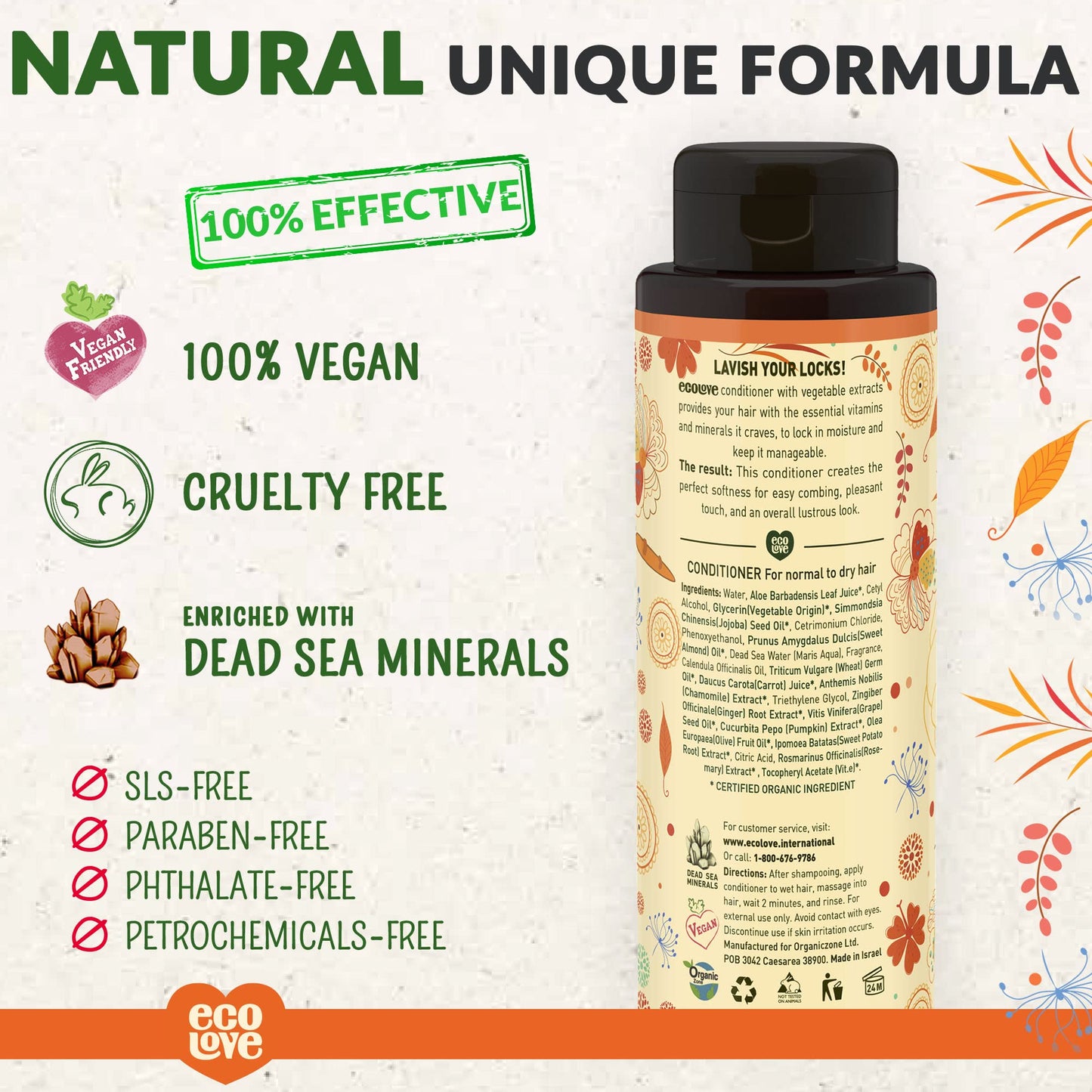 ecoLove - Natural Conditioner for Dry, Damaged Hair and Color Treated Hair - No SLS or Parabens - With Natural Carrot and Pumpkin Extract - Vegan