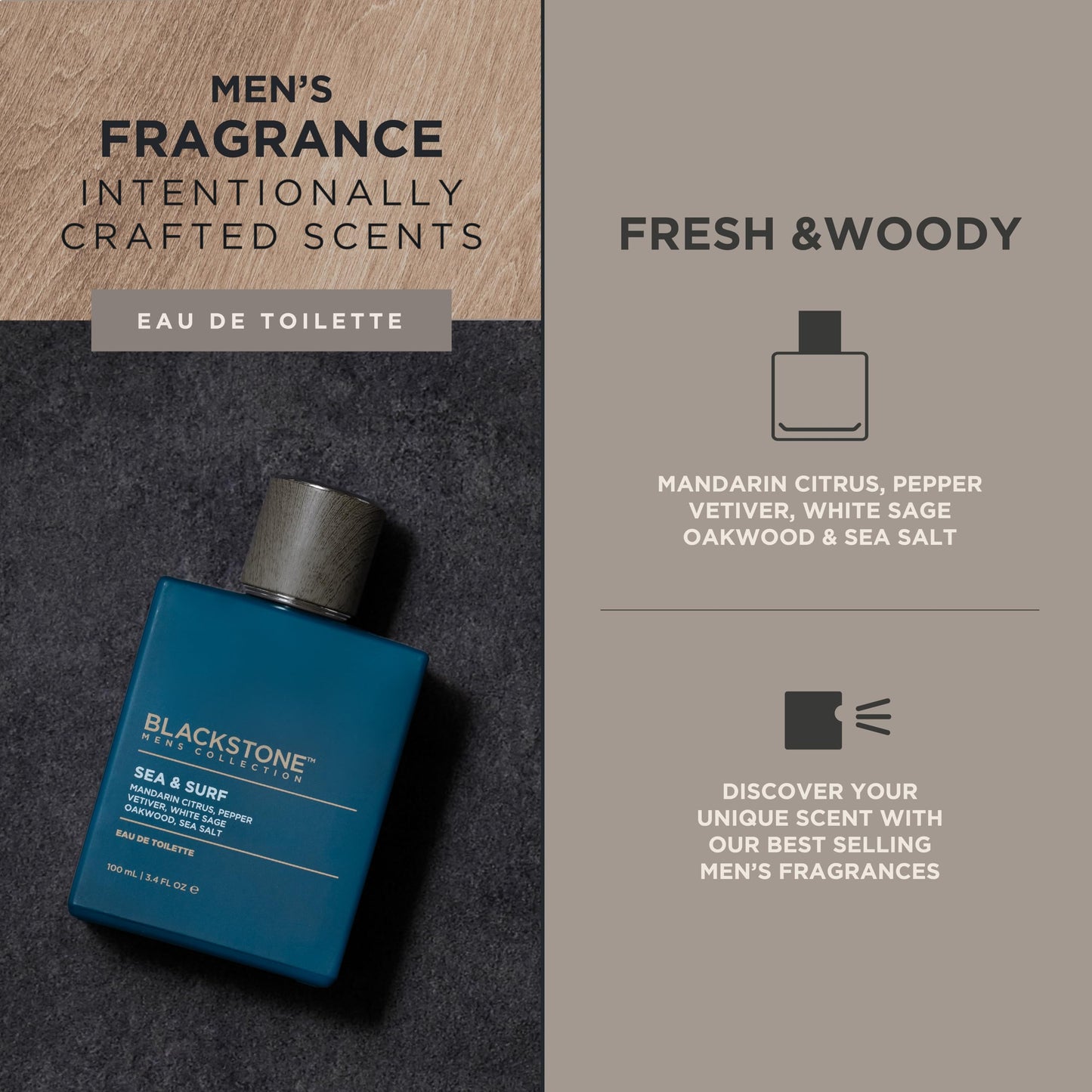 Blackstone Mens Collection Eau de Toilette - Sea & Surf | Men’s Fragrance, Fresh & Long-Lasting Cologne with Mandarin, Sea Salt, Oakwood & Sage |