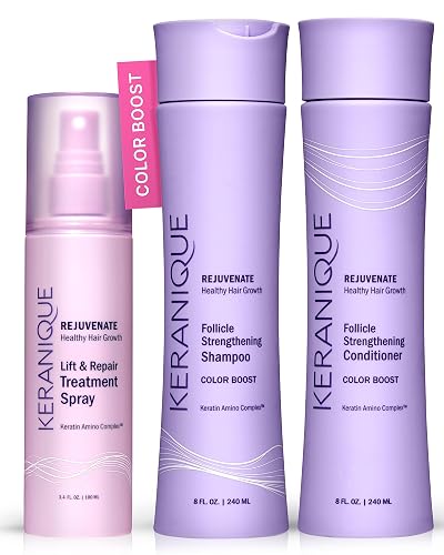 Keranique Color Treated Shampoo and Conditioner Set with Hair Thickening Spray - Keratin Enriched Color Boost Set w/Shampoo & Conditioner and Lift
