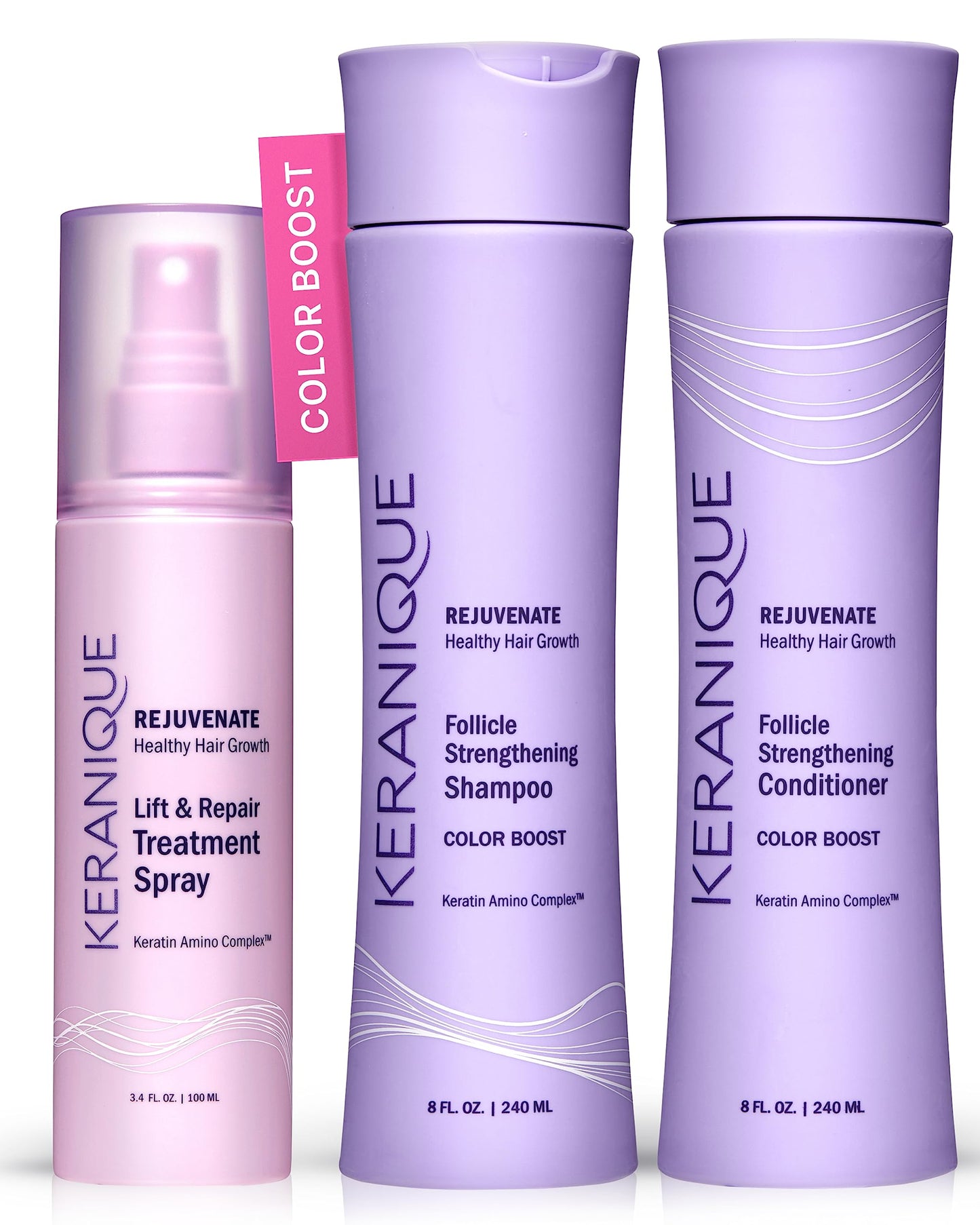 Keranique Color Treated Shampoo and Conditioner Set with Hair Thickening Spray - Keratin Enriched Color Boost Set w/Shampoo & Conditioner and Lift