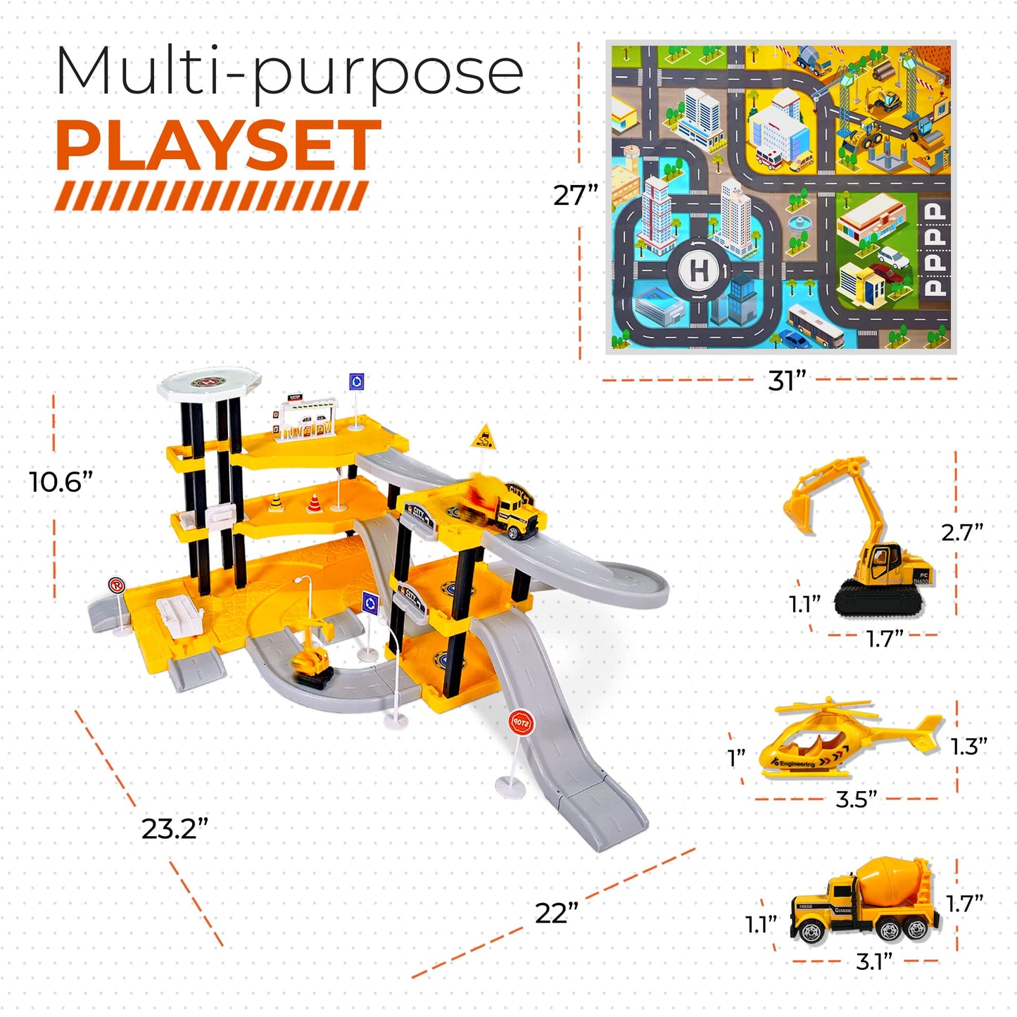 Toysical Construction Playset – Parking Garage with Vehicles, Helicopter, Figures, Road Setup & Floor Map – Construction Toys for Boys & Girls Ages 4-6