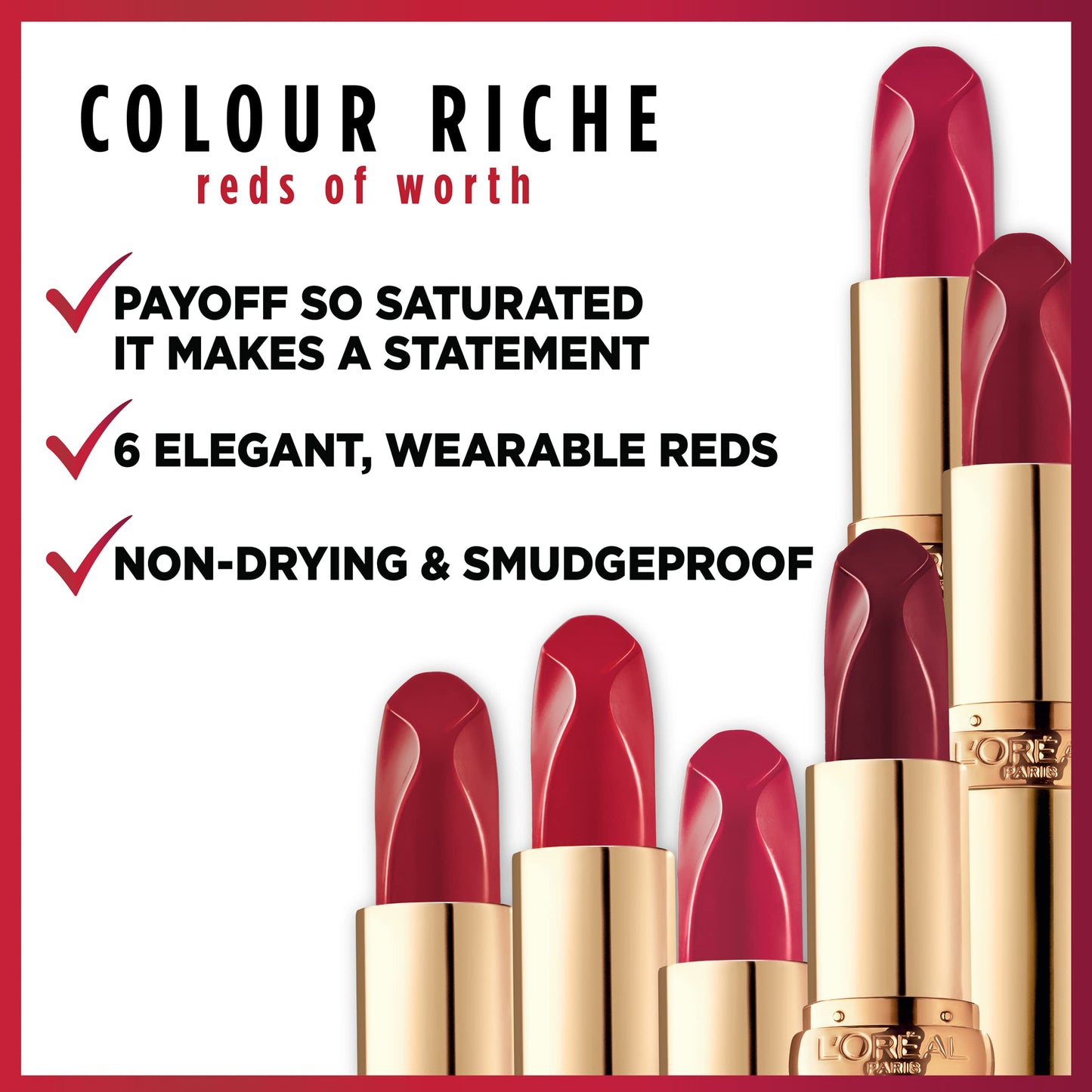 L'Oreal Paris Colour Riche Red Lipstick, Long Lasting, Satin Finish Smudge Proof Lipstick with Hydrating Argan Oil & Vitamin E, Reds of Worth,
