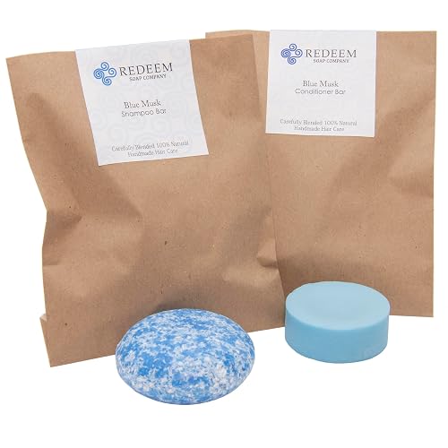 Redeem Soap Company Blue Musk Shampoo & Conditioner Bar Set - Made in USA - 3oz Shampoo + 1oz Conditioner - Zero Waste, Plastic-Free, SLS-Free