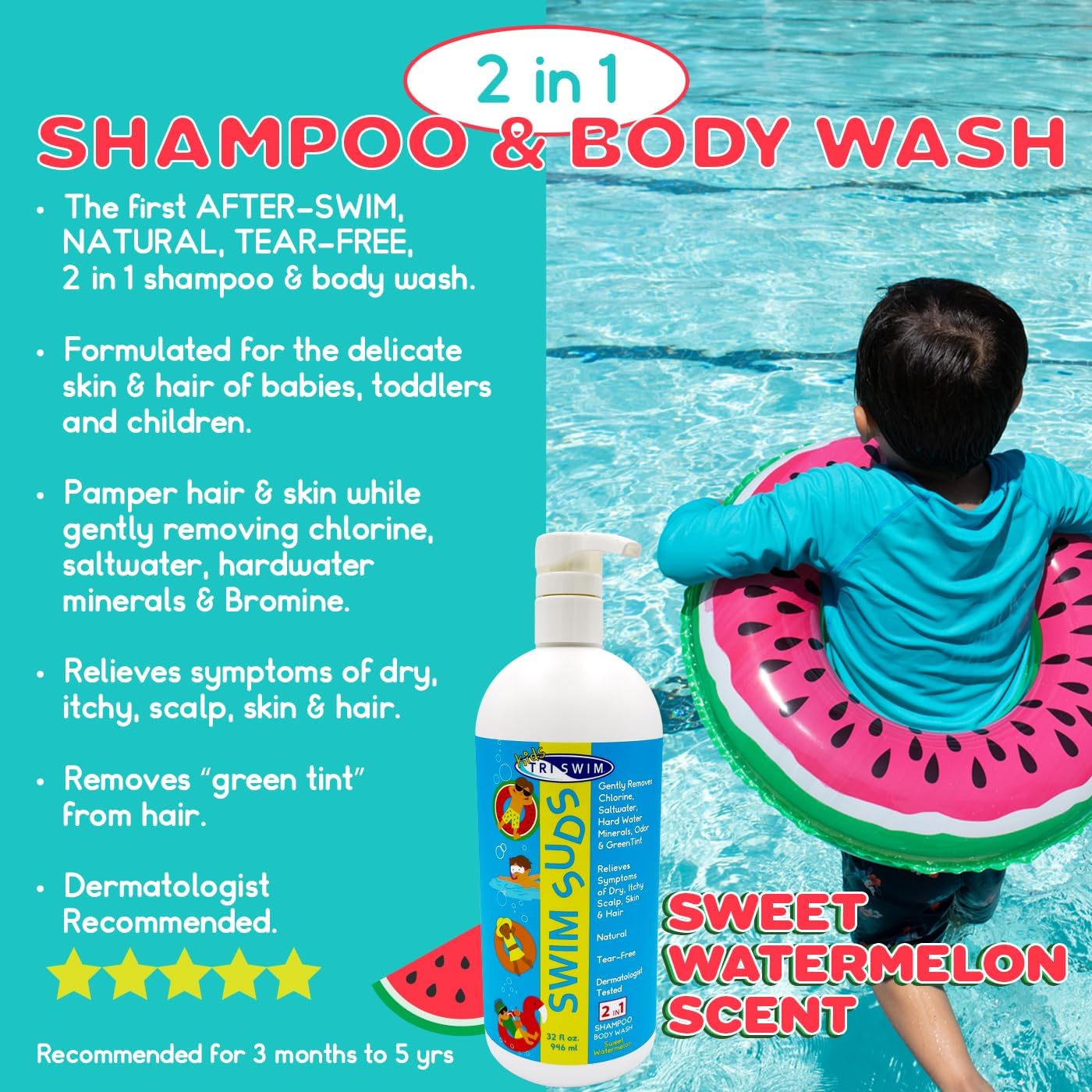 TRISWIM Kids Swim Suds 2-in-1 Tear-Free Shampoo & Body Wash 32oz | Natural Chlorine-Out Formula, Removes Green Tint | No Parabens or Dyes | Gentle