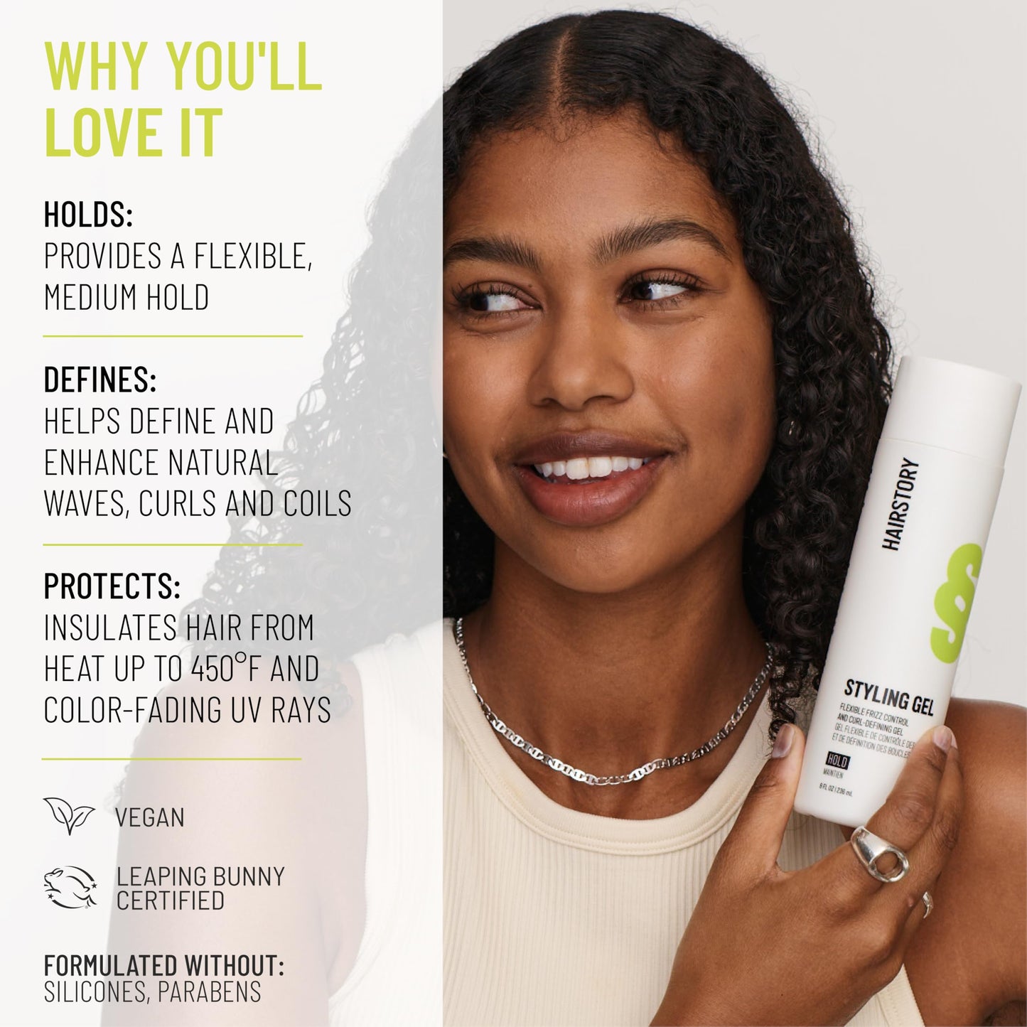 Hairstory Styling Gel - Curl Defining Gel for Wavy Curly Coily Hair, Flexible Frizz Control, Heat Protection up to 450F, Non Crunchy, 8 Fl Oz