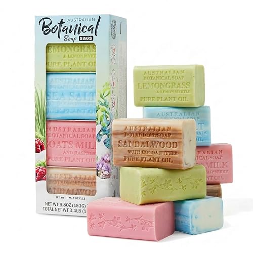 Australian Botanical Soap, 8-Pack Bar Soap Set, 6.6 oz Each, 2 of each, Sandalwood, Sea Salt, Goats Milk Raspberry, Lemongrass & Lemon Myrtle
