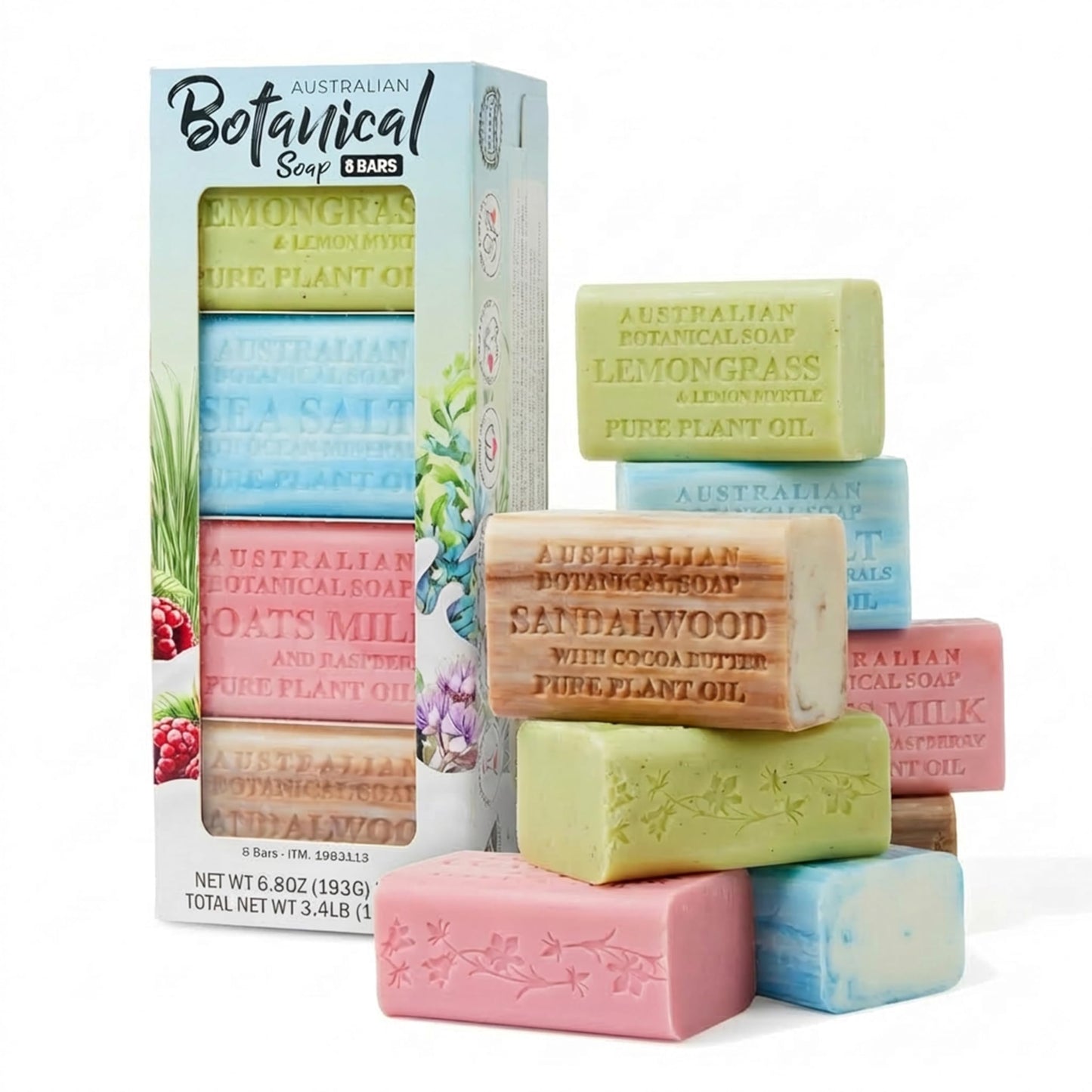Australian Botanical Soap, 8-Pack Bar Soap Set, 6.6 oz Each, 2 of each, Sandalwood, Sea Salt, Goats Milk Raspberry, Lemongrass & Lemon Myrtle