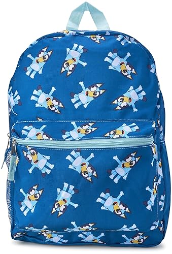 Fast Forward Bluey Kids Backpack - 16 Inch Bookbag Elementary Backpack for School Girls & Boys with Adjustable Padded Straps, Bluey Blue/Aop