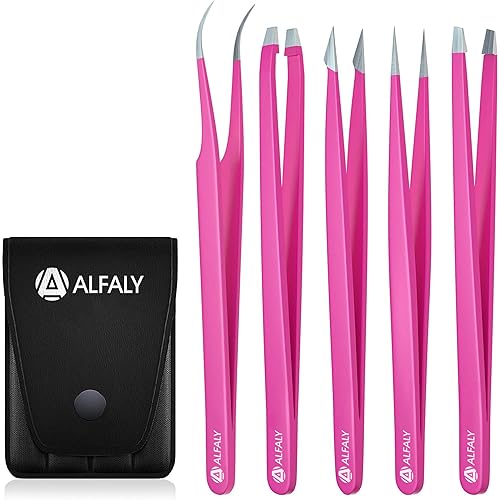 Alfaly Tweezers Set - Professional Stainless Steel 5-Piece Precision Tweezer for Men & Women - Great for Facial Hair Removal, Eyebrow Shaping