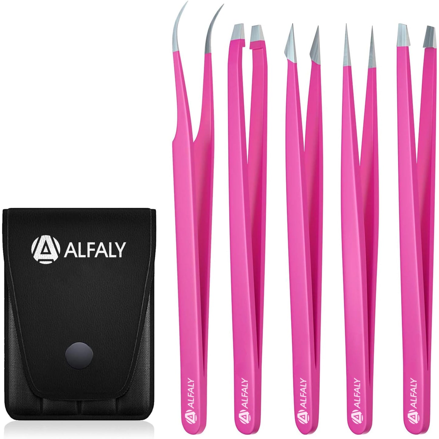 Alfaly Tweezers Set - Professional Stainless Steel 5-Piece Precision Tweezer for Men & Women - Great for Facial Hair Removal, Eyebrow Shaping