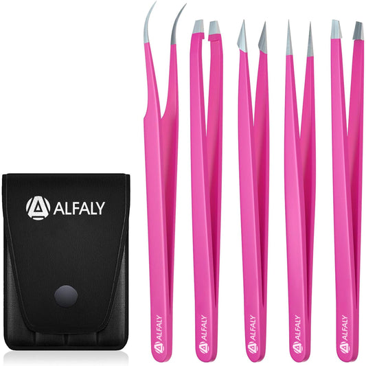 Alfaly Tweezers Set - Professional Stainless Steel 5-Piece Precision Tweezer for Men & Women - Great for Facial Hair Removal, Eyebrow Shaping