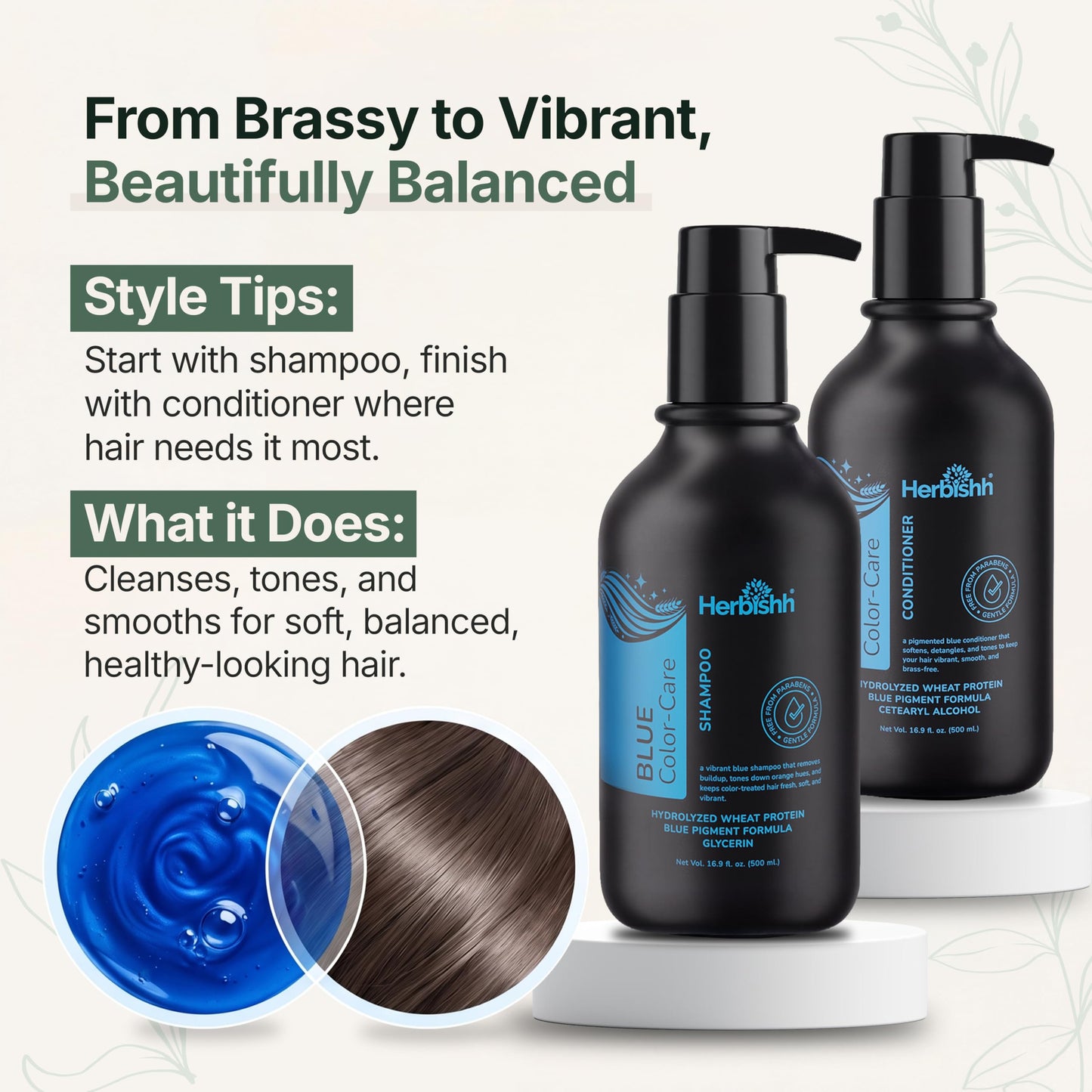 Herbishh Blue Shampoo & Conditioner Set (16.9 fl oz Each), Neutralizes Brassy & Orange Tones, Shampoo & Conditioner Duo for Brunette, Color Treated