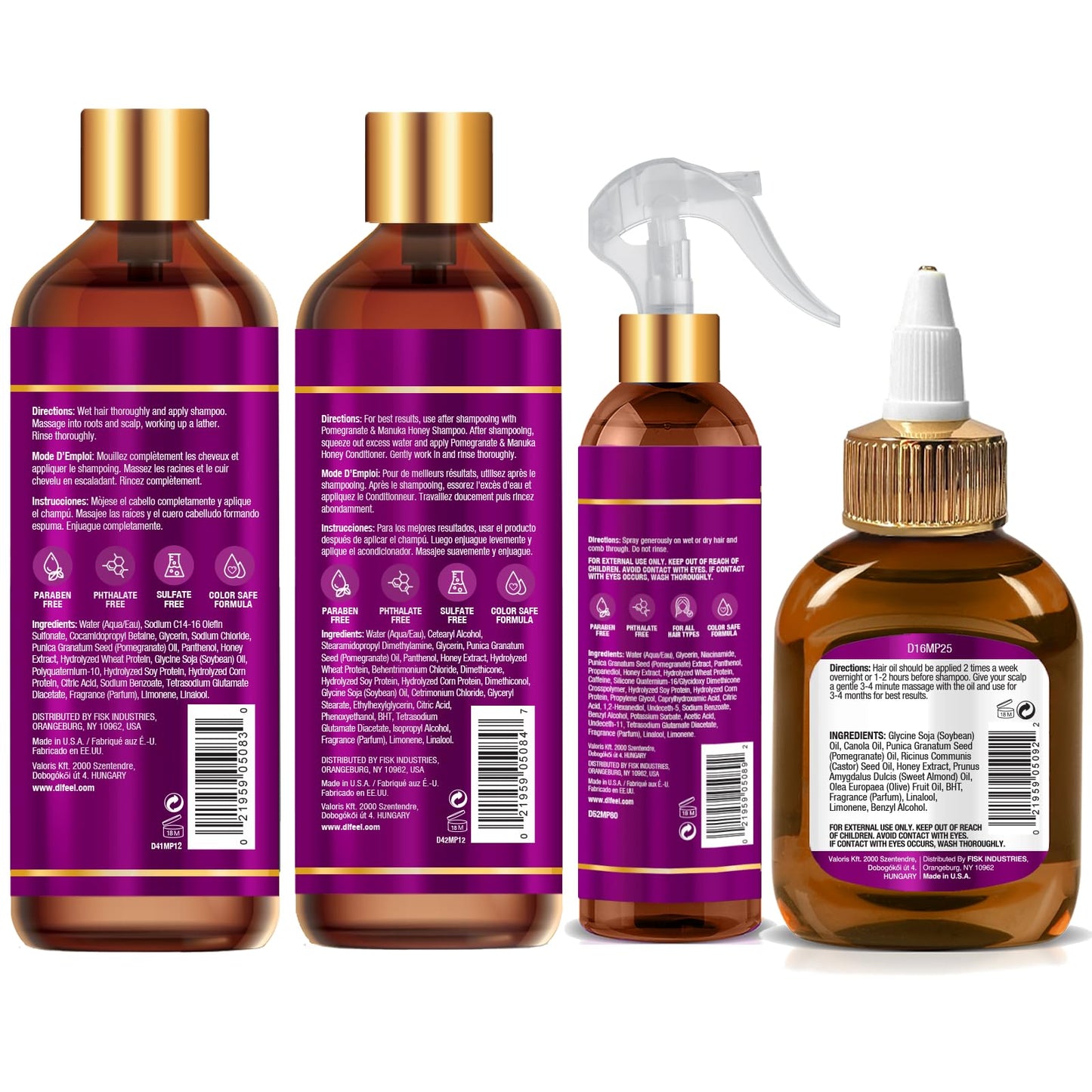 Difeel Pomegranate & Manuka Honey Hair Care Set - 12oz Shampoo, 12oz Conditioner, 8oz Leave-in Spray, 2.5oz Hair Oil
