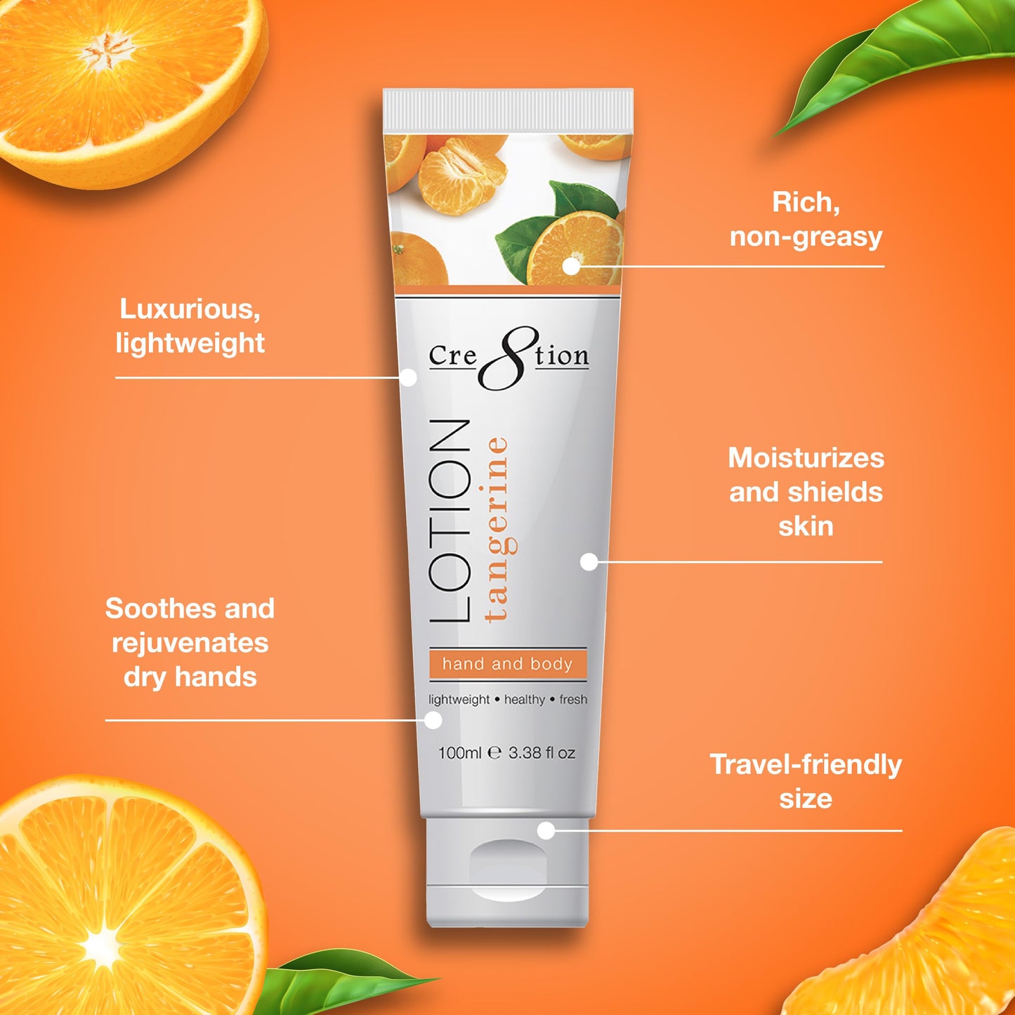 Cre8tion Spa Tangerine Hand & Body Lotion, Luxurious Lightweight Moisturizer for Silky, Smooth Skin, 3.3 Fl Oz