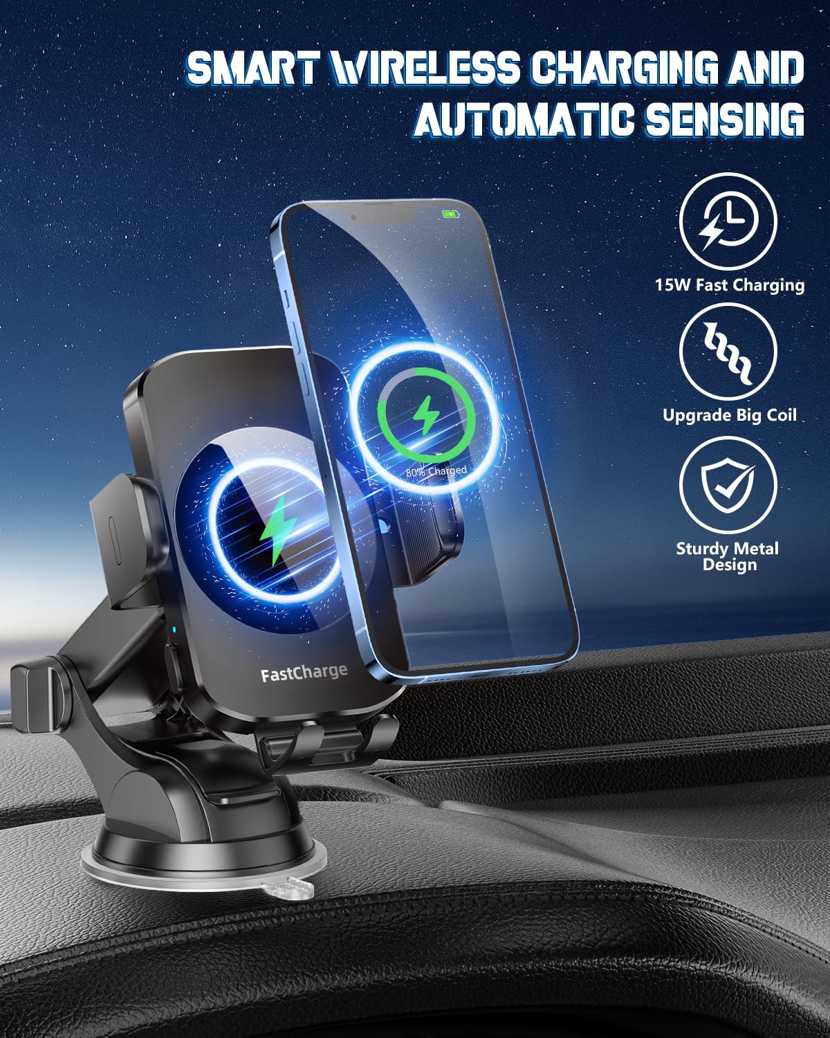 Wireless Car Charger, Fast Charging Phone Holder 3 in 1 Phone Mount Auto Clamping Car Accessories Compatible with iPhone 16 15 14 13 12 11 Xs XR…