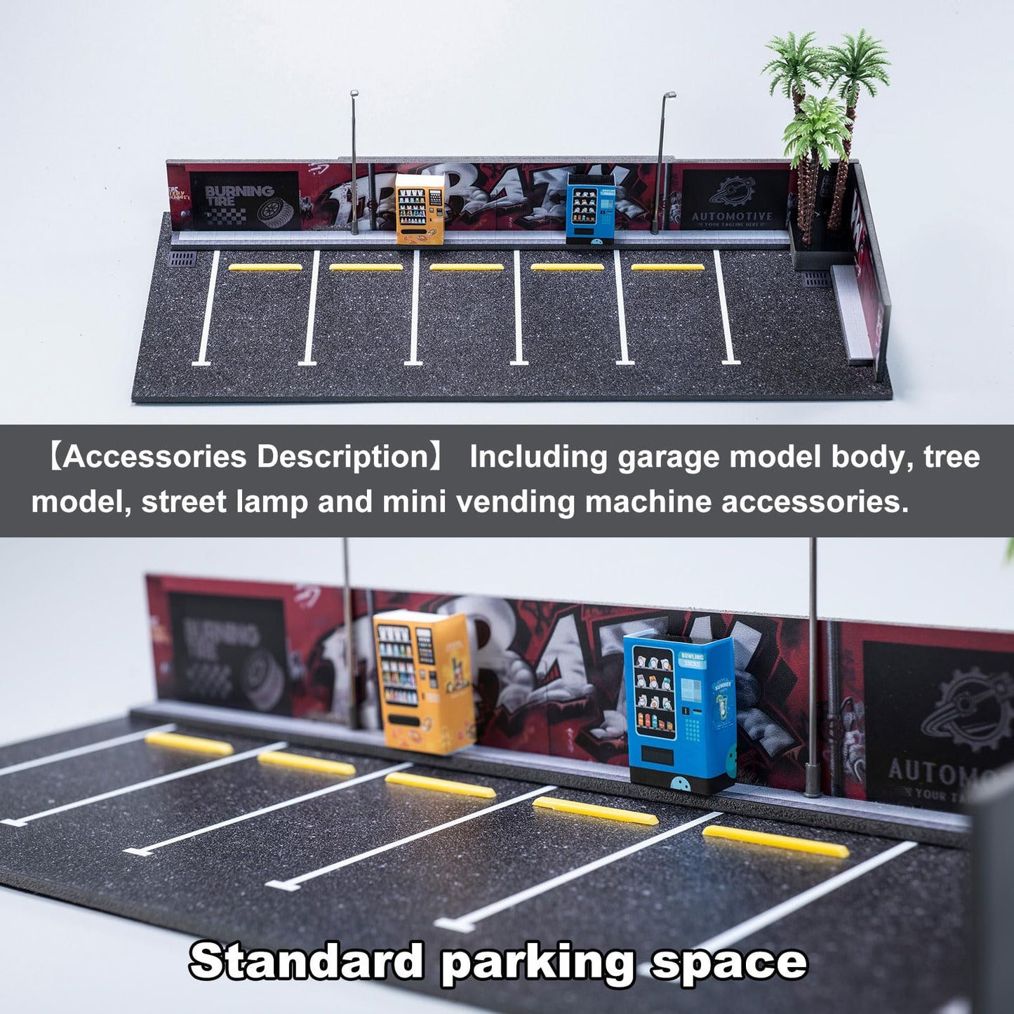 1/64 Diorama Garage, Garage and Display Case for Model Car, Scenic Diorama Display Car Park with 2 LED Street Lamps and 5 Outdoor Parking Spaces