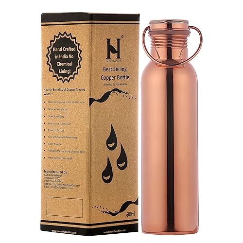 Pure Copper Water Bottle with Handle, 600 Ml, UNLINED, UNCOATED and LACQURED-FREE for Ayurvedic Health Benefits