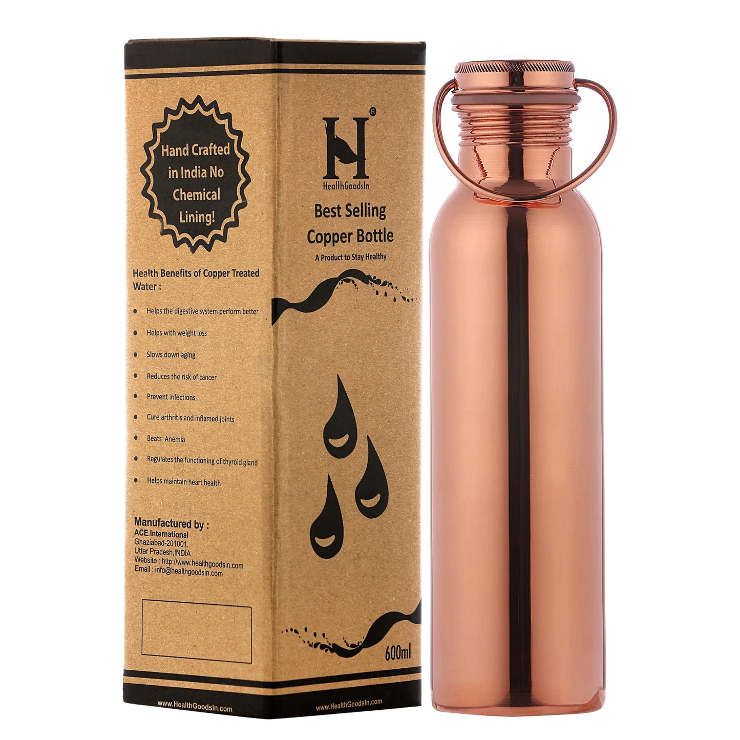 Pure Copper Water Bottle with Handle, 600 Ml, UNLINED, UNCOATED and LACQURED-FREE for Ayurvedic Health Benefits
