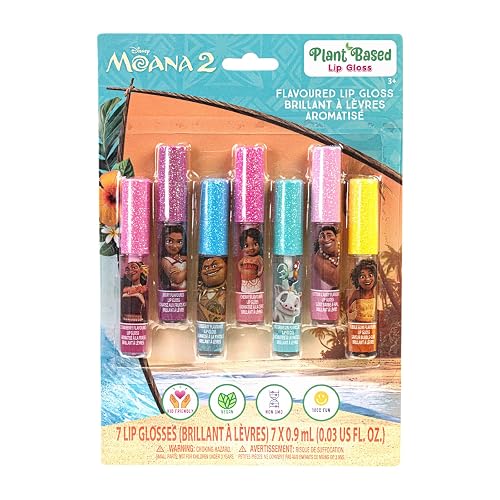 Disney Moana 7 Piece Plant Based Lip Gloss, Girls Party Favors, First Makeup Set for Girl, Perfect for Parties, Sleepovers, and Birthday Gifts, Ages