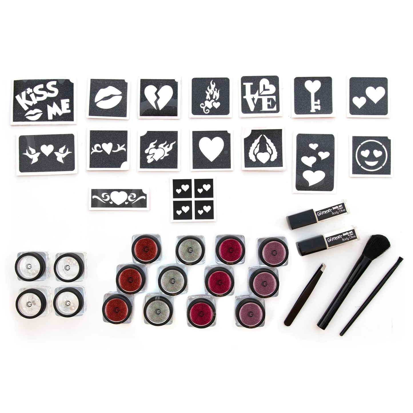 GLIMMER Body Art Hearts, Hugs & Kisses Glitter Tattoo Kit | Unleash Your Creativity with Glittery Fun!