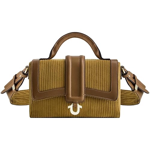 True Religion Women's Satchel Bag Purse, Corduroy Mini Crossbody Travel Handbag with Adjustable Shoulder Strap, Brown