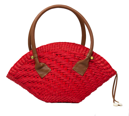 Sensi Studio, Thick Weave Mini Basket, Unique, Red Straw/Camel Leather Strap/Red Linen Lining