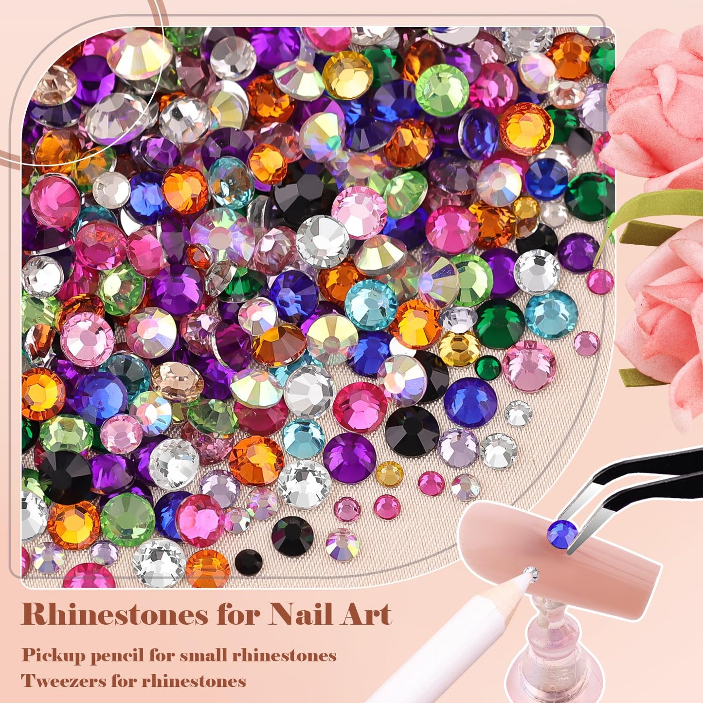BELLEBOOST Nail Art Rhinestone Kit, 15ml Rhinestone Gel Glue+Colorful Gems+Flatback Glass Crystal AB&Clear Gemstones with Pickup Tools for Bedazzling