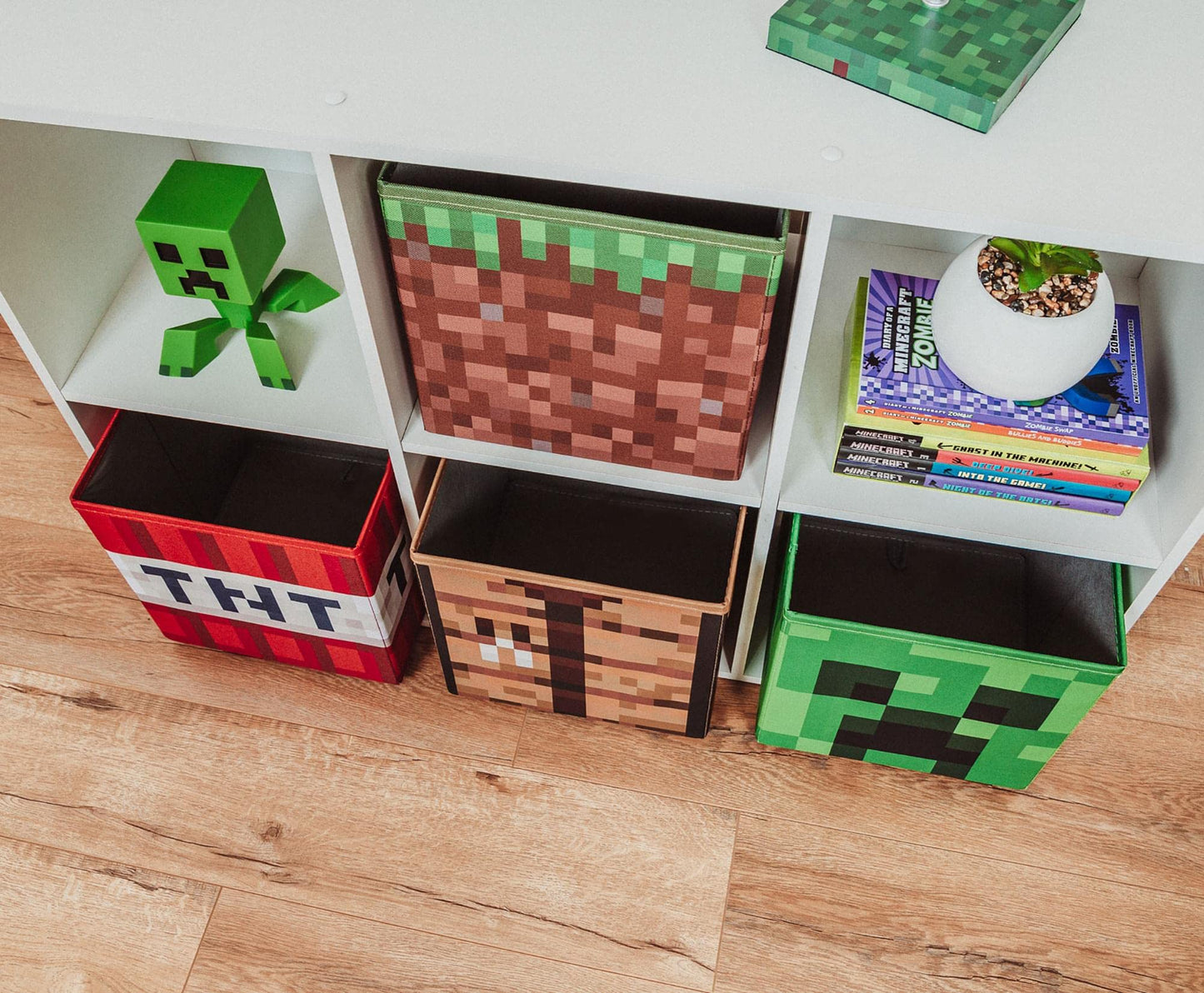 Minecraft 10-Inch Storage Set of 4 Bins | Includes Creeper, TNT, Grass, Crafting Table | Fabric Basket Container, Cubby Closet Organizer, Home Decor…