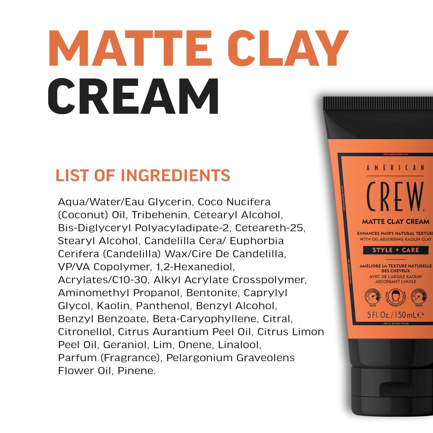 AMERICAN CREW Matte Clay Cream, Thickening & Defining Hair Clay with Kaolin Clay & Coconut Oil, Medium Hold Matte Finish for Fine & Straight Hair, 5