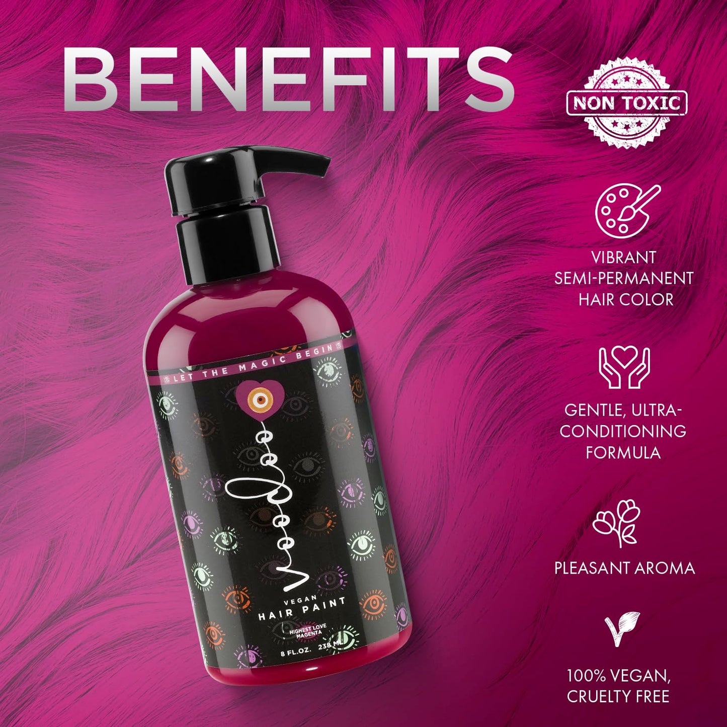 MOEHAIR Semi-Permanent Hair Color | Magenta Hair Dye 8 Oz | Voodoo Highest Love Magenta Hair Color | Temporary Hair Dye for Dark Hair | No Ammonia