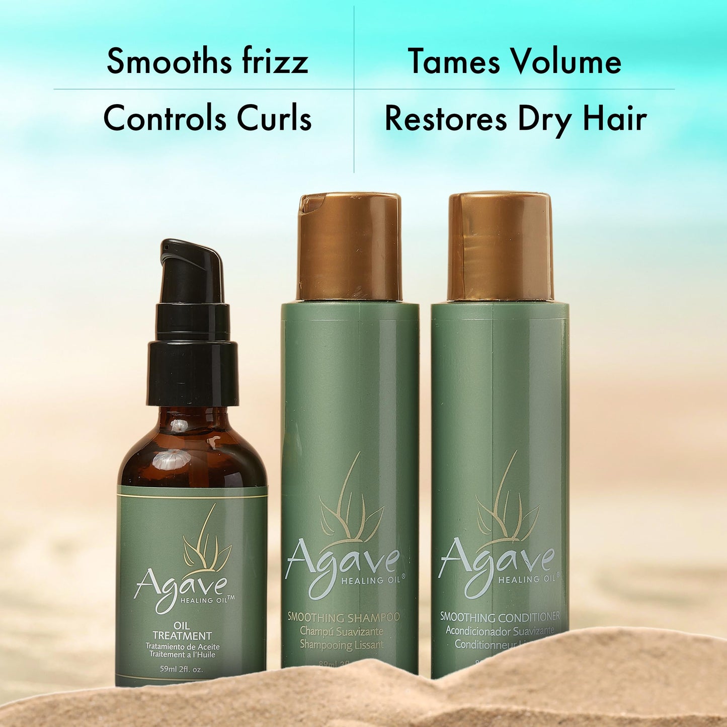 Agave Smoothing Haircare Trio with Shampoo, Conditioner & Healing Oil Treatment Hydrating & Frizz Control 3 fl oz/2 fl oz