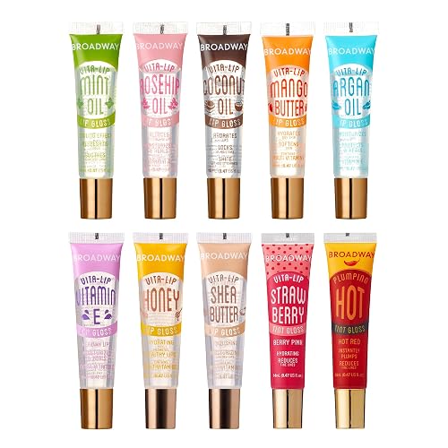 Ruby Kisses Broadway Vita-Lip Tinted & Clear Lip Gloss (10 Pack) Ultra-Hydrating & Soothing Formula, High-Shine Non-Sticky Lip Balm with Mint,