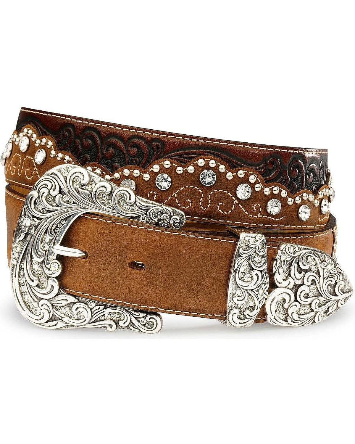 Tony Lama Women's Kaitlyn Crystal Leather Western Belt Brown 30