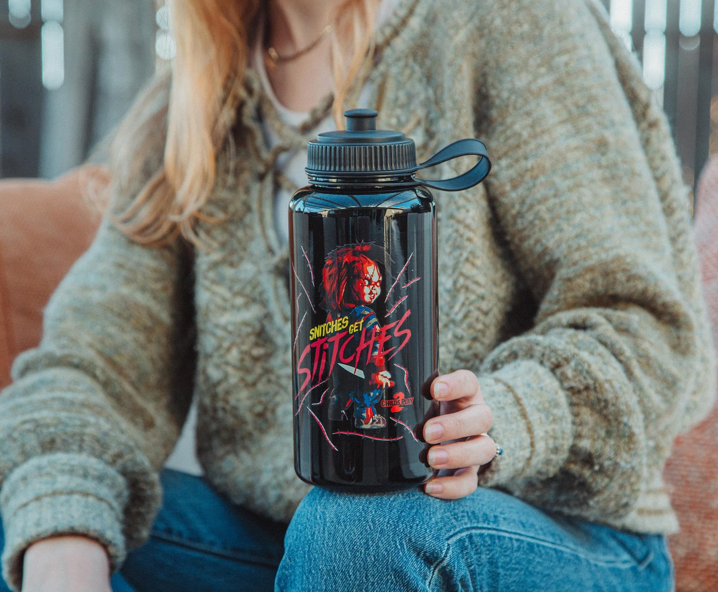 Child's Play 2 Chucky "Snitches Get Stitches" Water Bottle With Spill-Resistant Sports Cap Lid | Large Plastic Sports Jug | Holds 34 Ounces