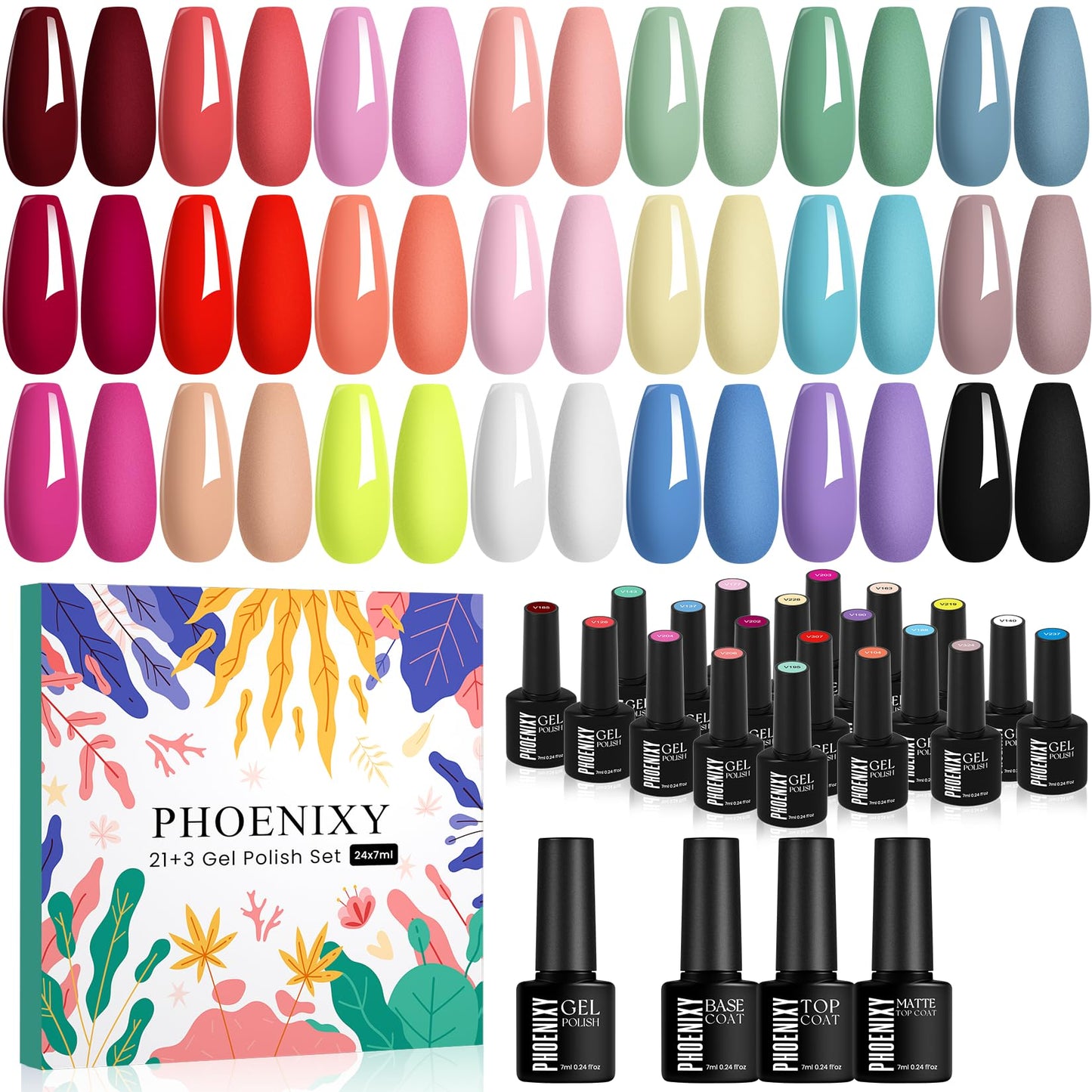 Phoenixy 24Pcs Gel Nail Polish, 21 Colors Gel Nail Polish Kit Burgundy Red Green Purple with Base Coat Glossy Matte Top Coat for Beginners Nail Art at Beauty and Personal Care phoenixy Default Title